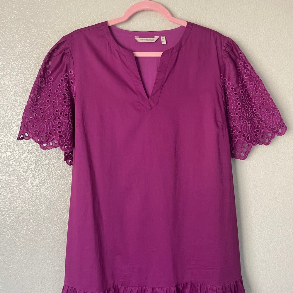 Soft Surroundings Dress XL Petite Purple Midi Eyelet Tiered Belted Cotton Pocket - Picture 4 of 12